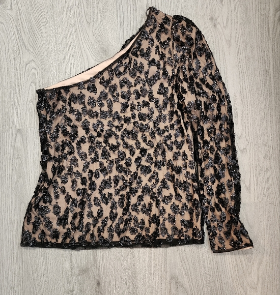 NWOT Express black and nude sequin one shoulder dress top, M never worn - Picture 2 of 5